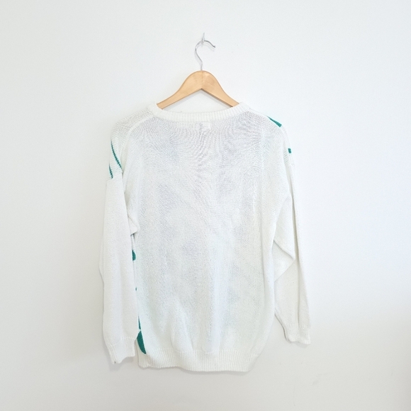 Vintage André Christian White and Green Abstract Print Cotton Crew Neck Sweater - Picture 2 of 5